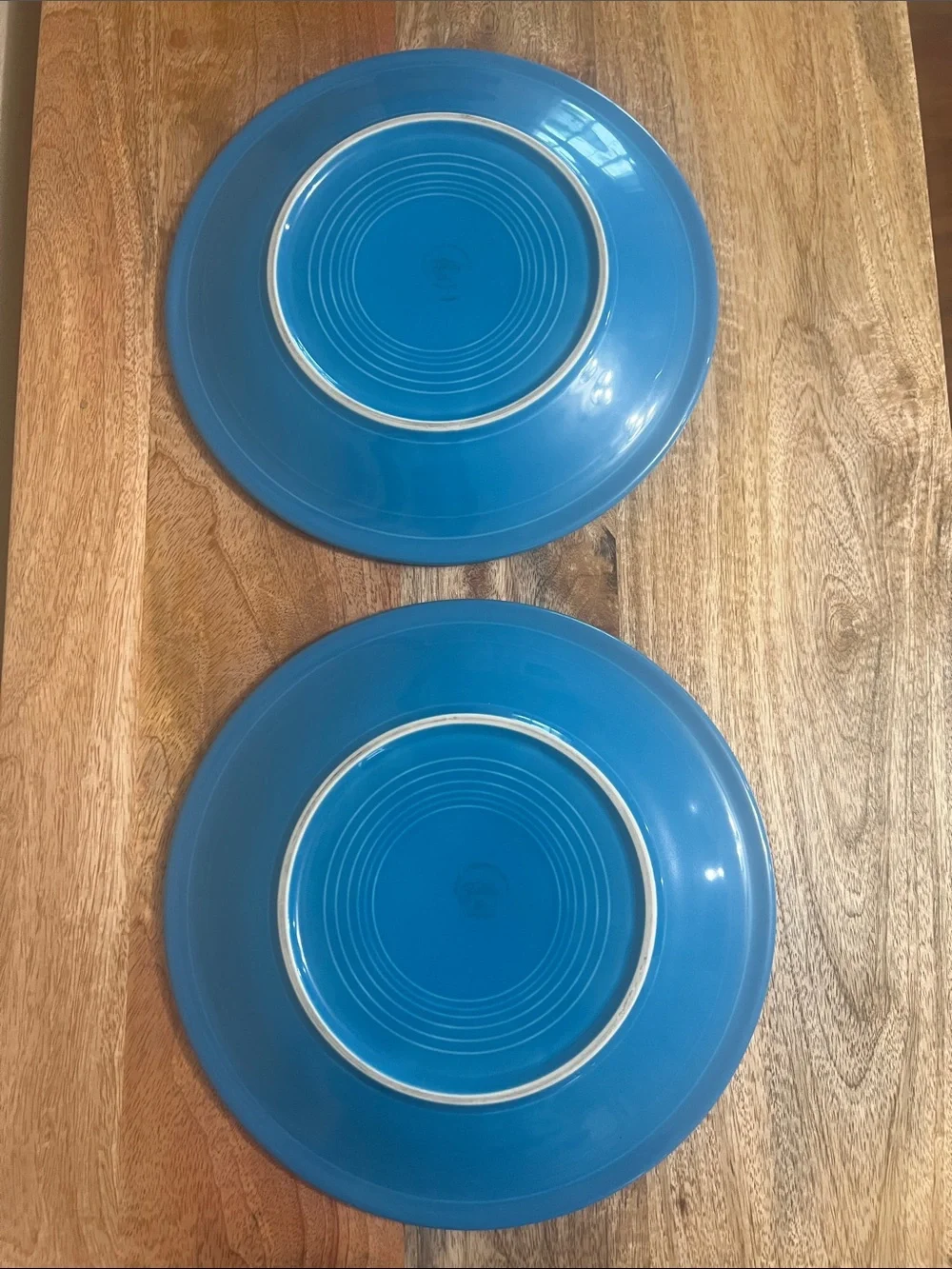 (2) 10.5-inch Homer Laughlin Fiesta dinner plate in rare to find Peacock Blue